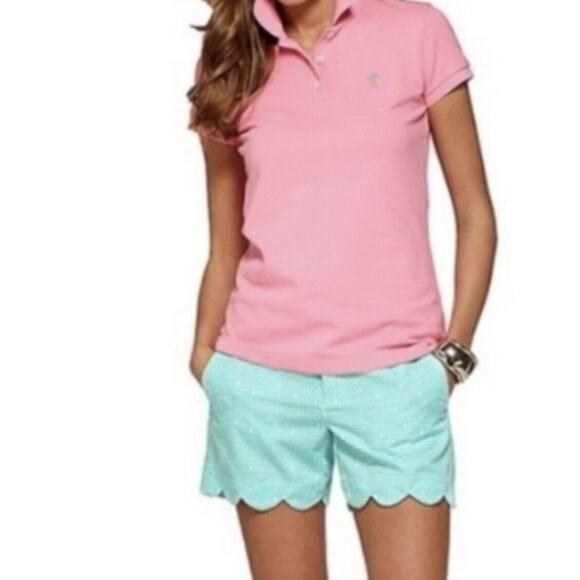 Lilly Pulitzer Shrunken Pink Short Sleeve Polo Green Palm Preppy core petite‎ M - Picture 3 of 10